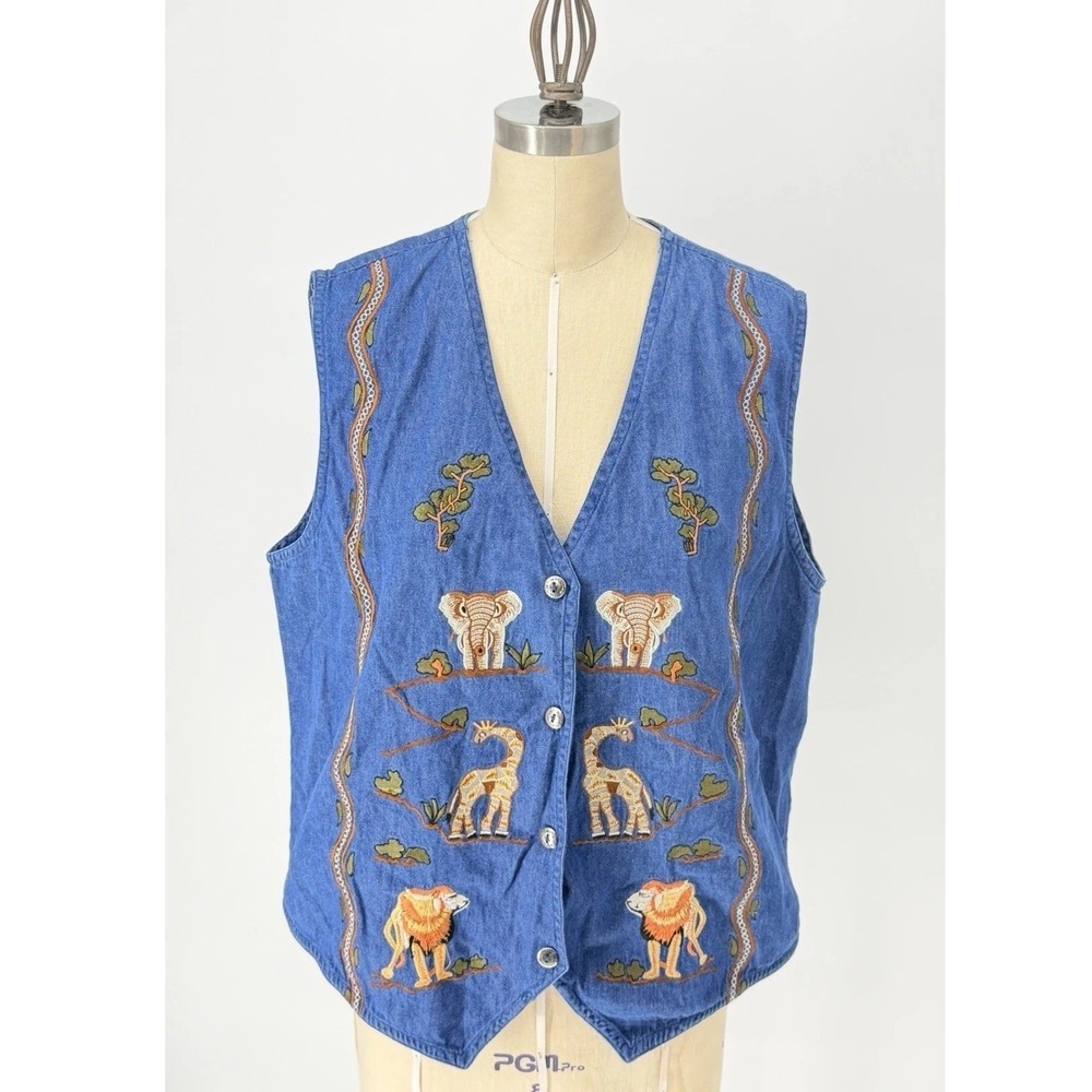 ⁠Vintage 90s Denim Vest XL Embroidered Safari Animal Print Boho Statement⁠